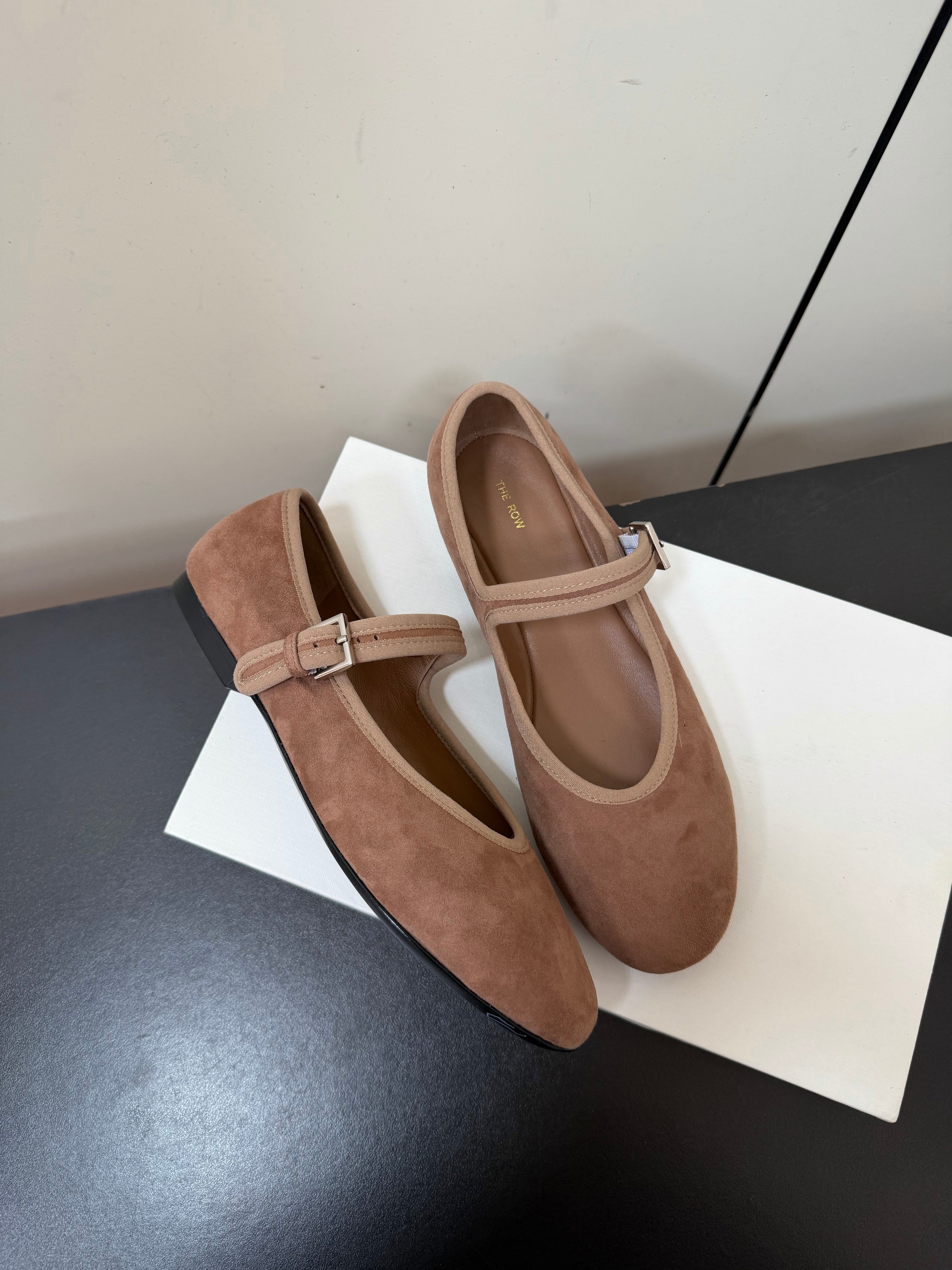 THE ROW 26S MARY JANE BALLET FLATS IN BROWN SUEDE WITH SILVER HARDWARE
