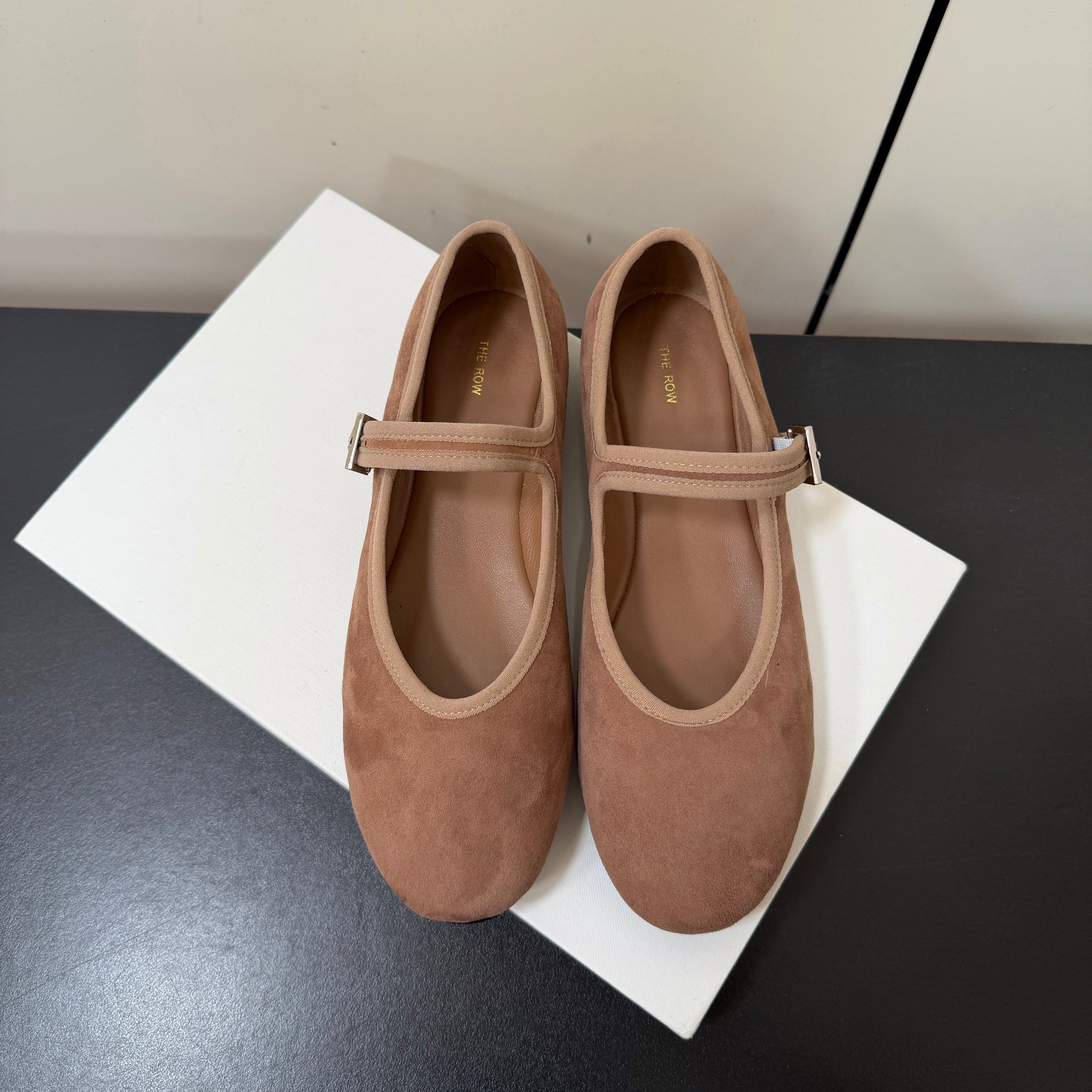 THE ROW 26S MARY JANE BALLET FLATS IN BROWN SUEDE WITH SILVER HARDWARE