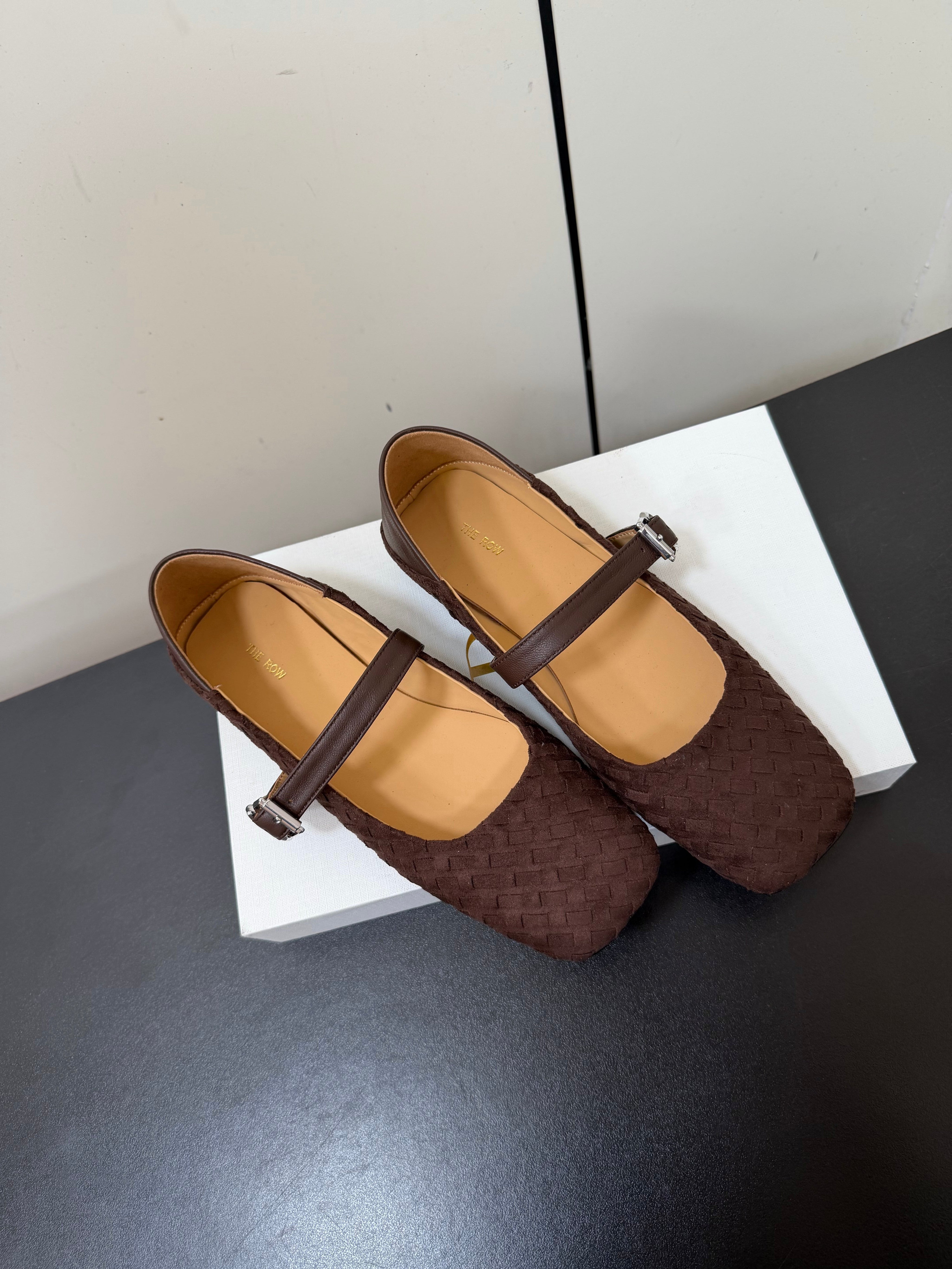 THE ROW 26S MARY JANE BALLET FLATS IN DARK BROWN SUEDE AND CALFSKIN
