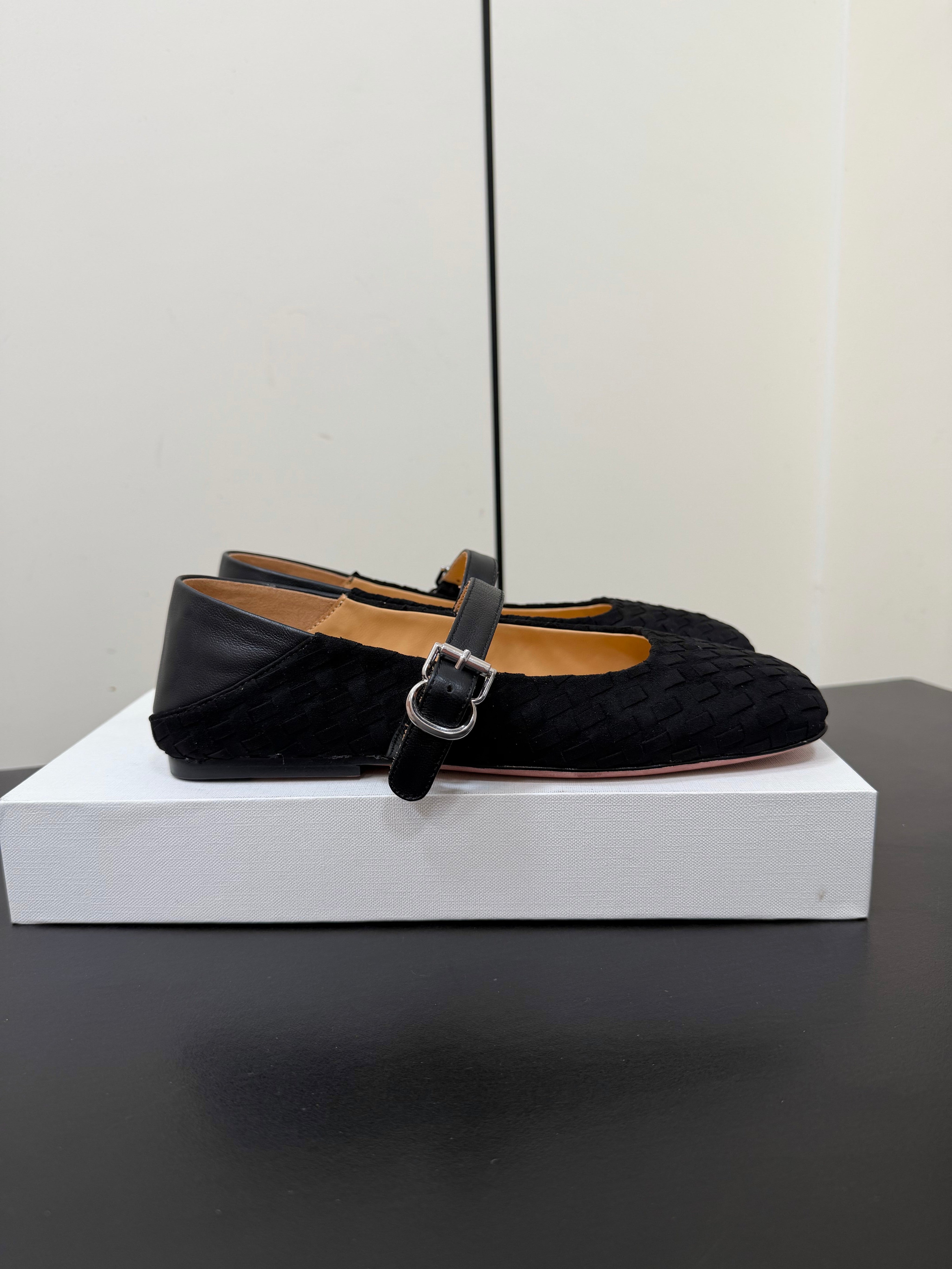 THE ROW 26S MARY JANE BALLET FLATS IN BLACK SUEDE AND CALFSKIN