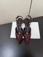 CELINE 26S TRIOMPHE T-STRAP SLINGBACK PUMPS IN BURGUNDY RED PATENT CALFSKIN