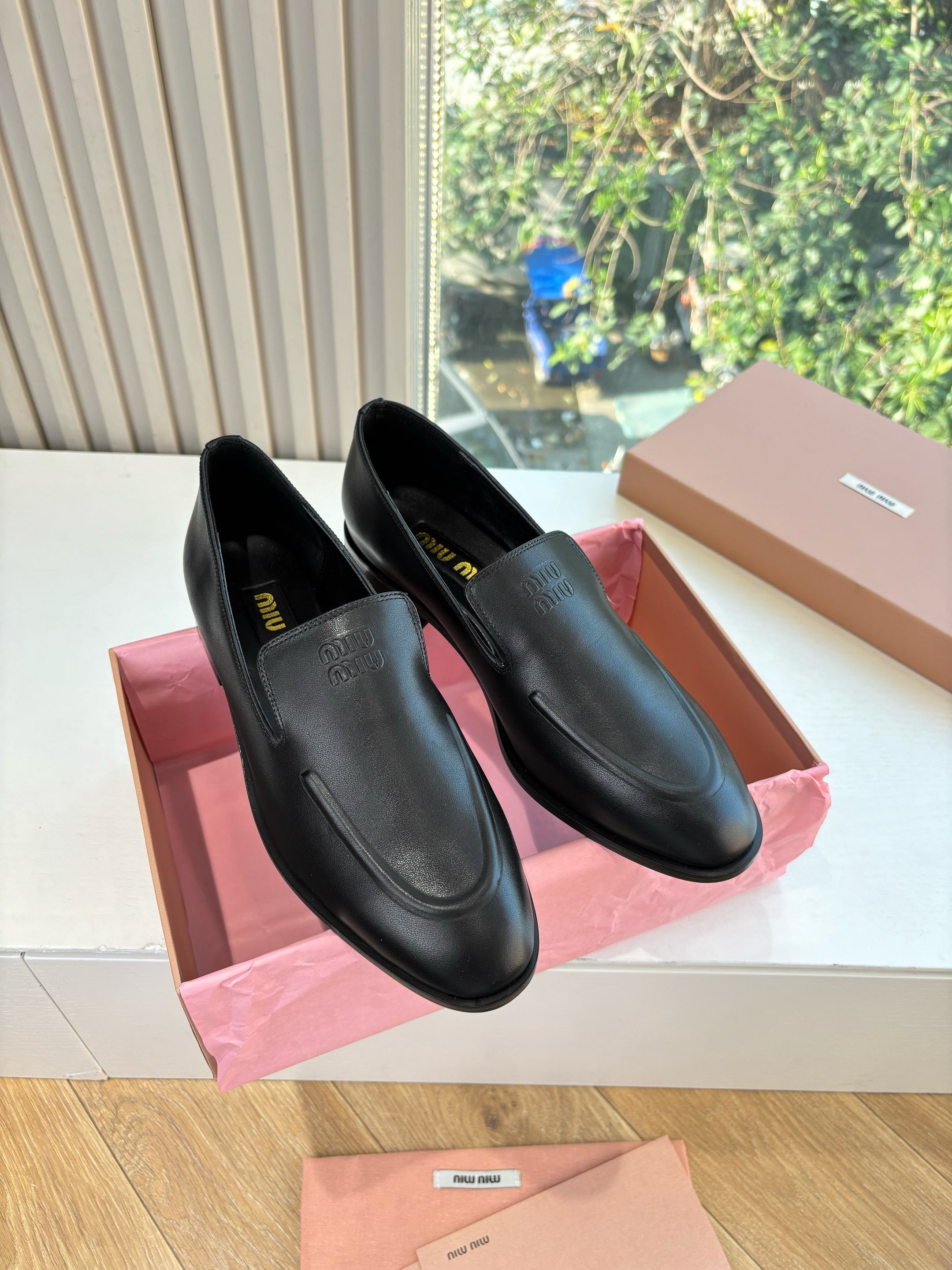 MIUMIU 26S LOAFERS IN BLACK LAMBSKIN