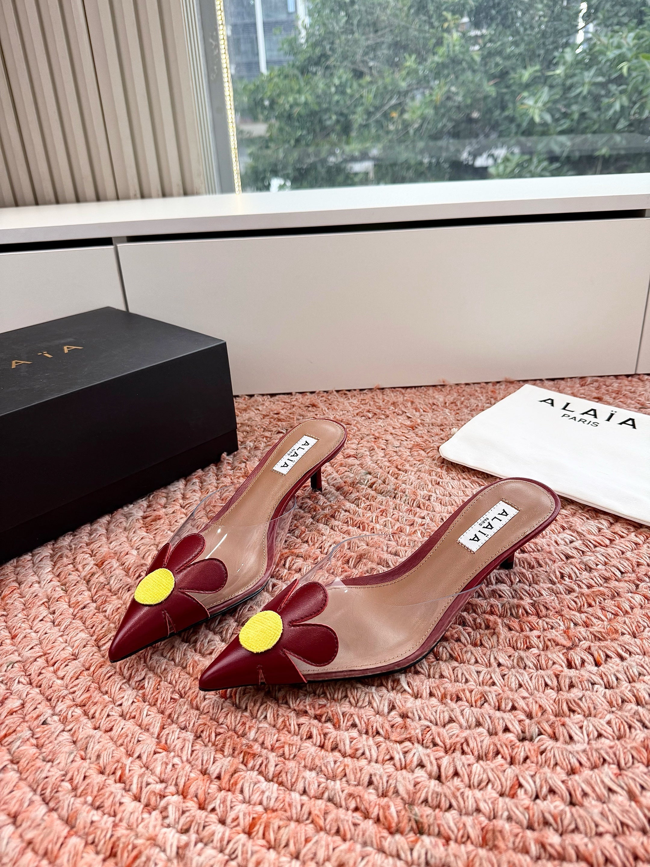 ALAIA 26S POINTED-TOE MULE HEELS IN DARK RED LAMBSKIN AND TRANSPARENT PVC