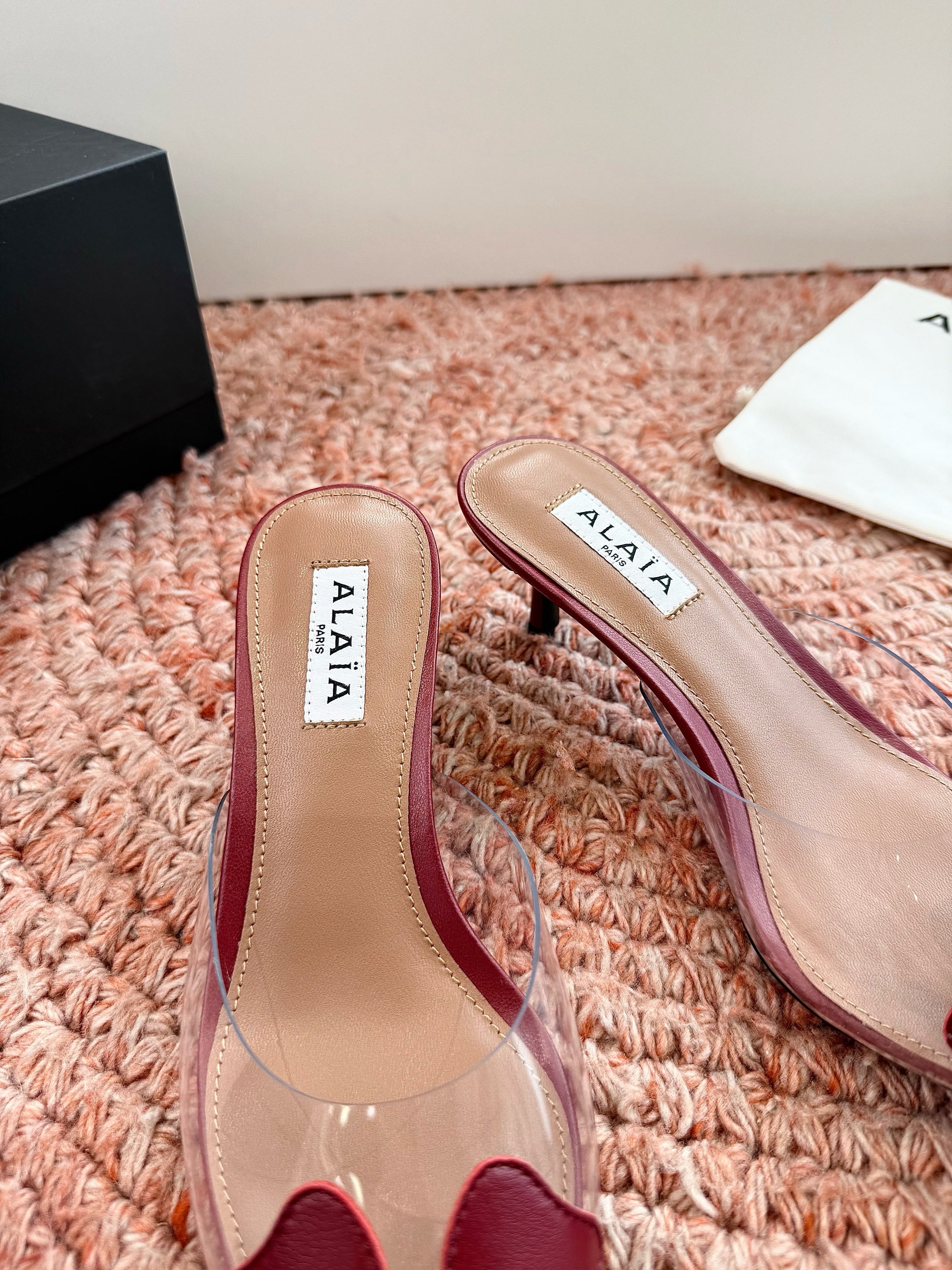 ALAIA 26S MULE HEELS IN DARK RED LAMBSKIN AND TRANSPARENT PVC