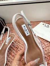 ALAIA 26S POINTED-TOE SLINGBACK HEELS IN WHITE LAMBSKIN AND TRANSPARENT PVC