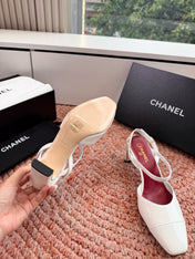 CHANEL 26S SQUARE TOE HIGH HEELS SLINGBACKS IN WHITE CALFSKIN