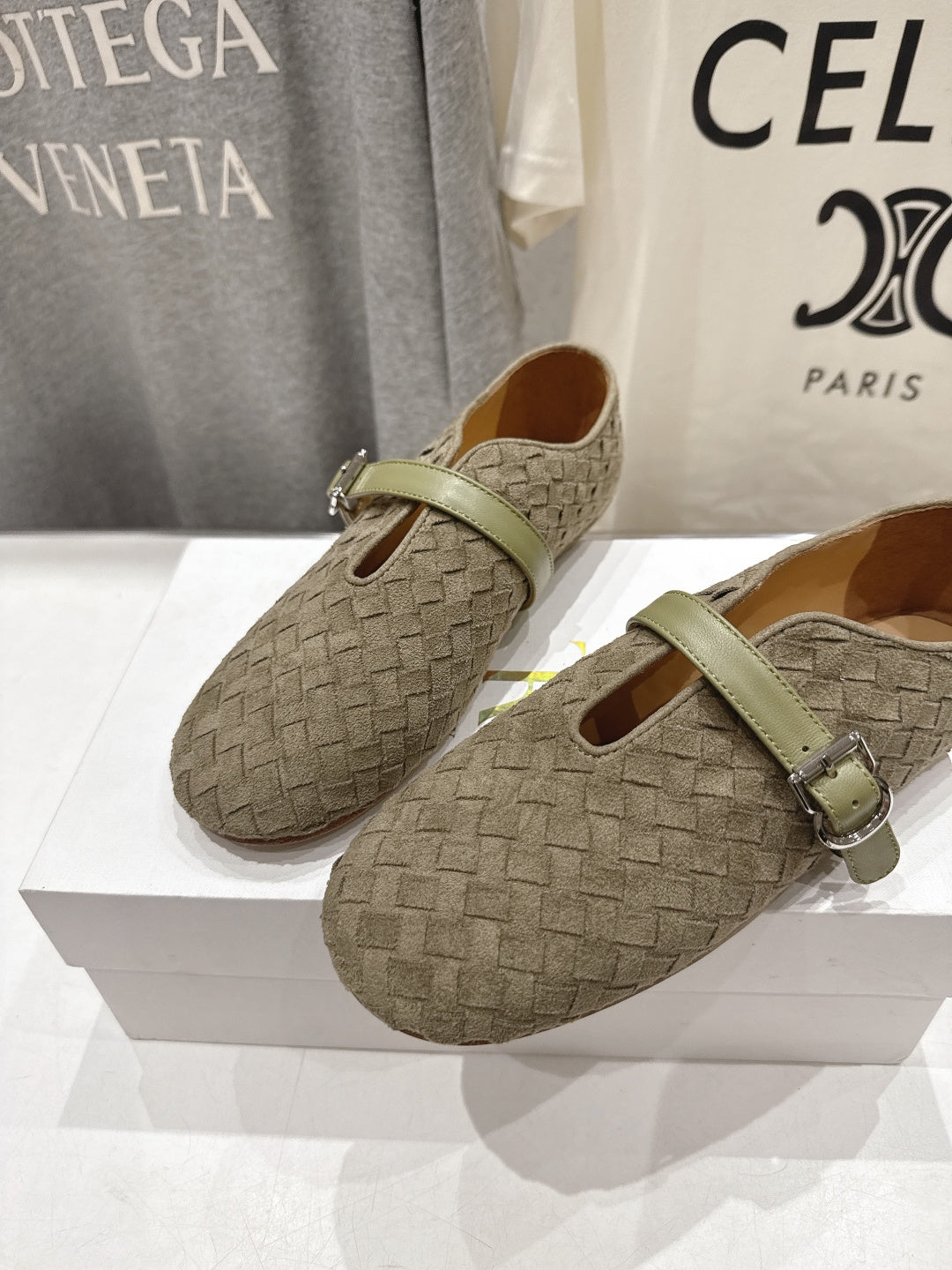 THE ROW 26S MARY JANE FLATS IN OLIVE BROWN SUEDE