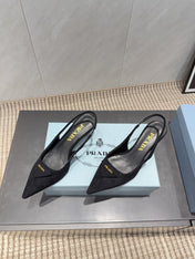 PRADA 26S POINTED TOE SLINGBACK HIGH HEELS 55MM IN BLACK SUEDE WITH LOGO