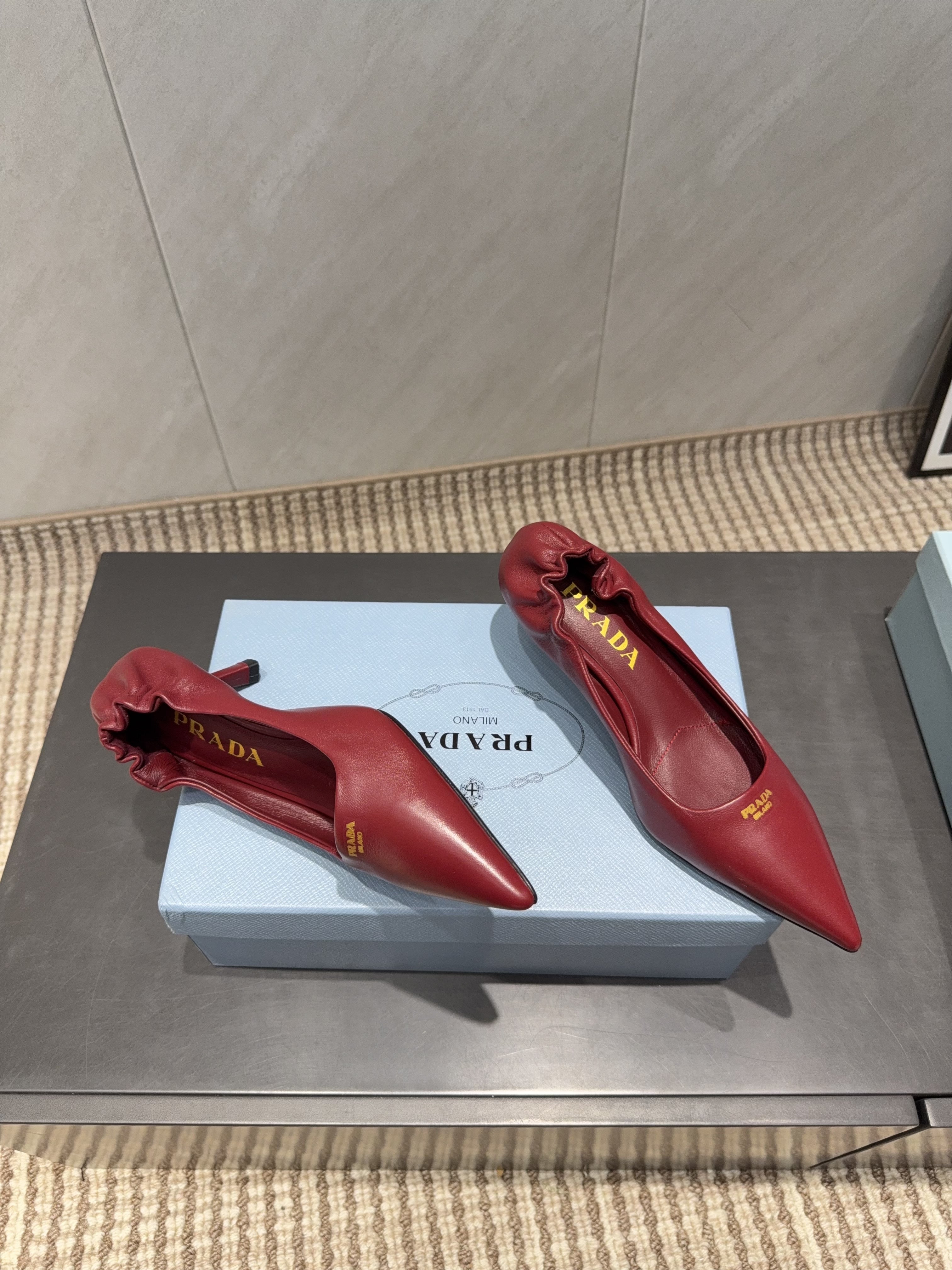 PRADA 26S POINTED TOE PUMPS 55MM IN DEEP WINE RED SHEEPSKIN
