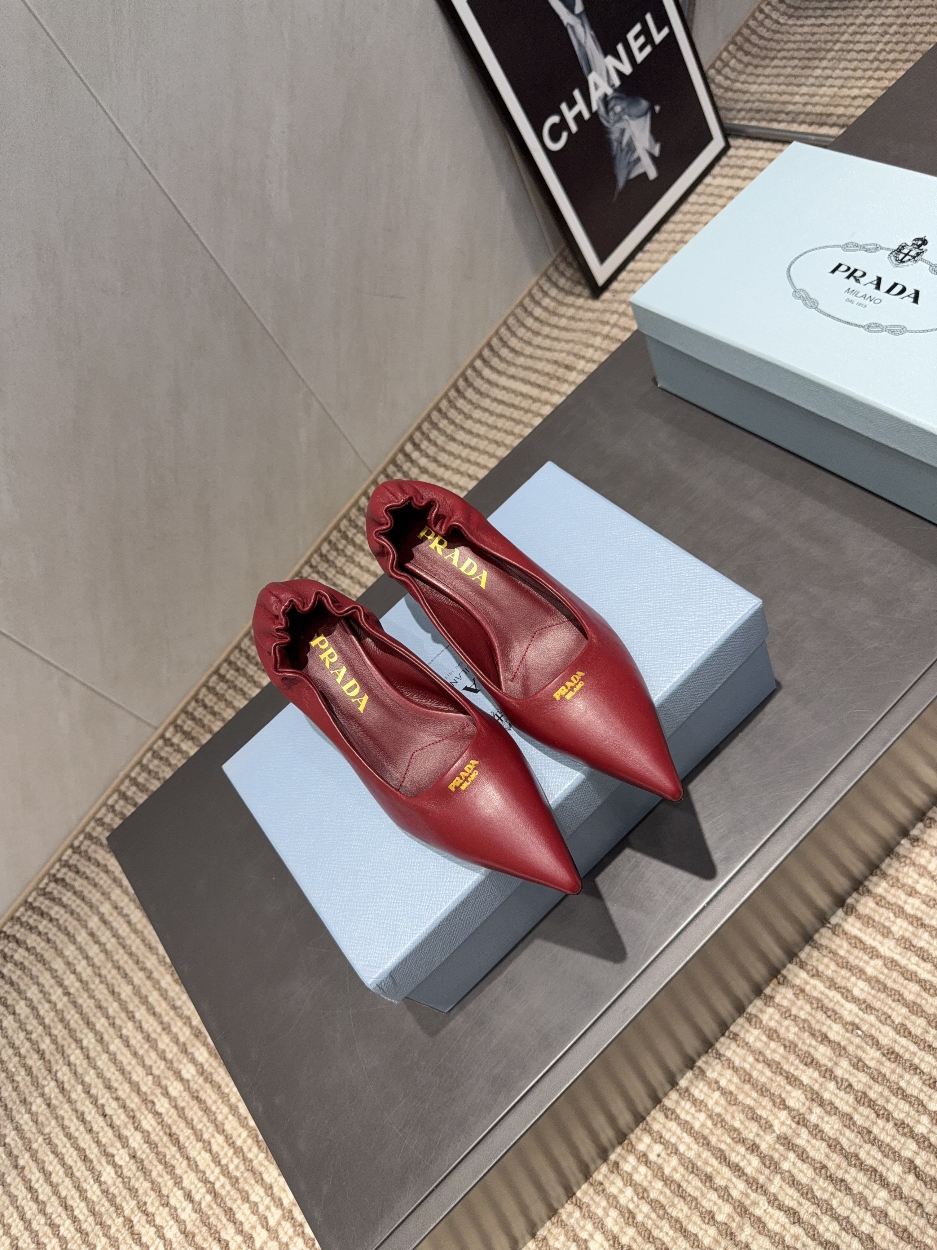 PRADA 26S POINTED TOE PUMPS 55MM IN DEEP WINE RED SHEEPSKIN