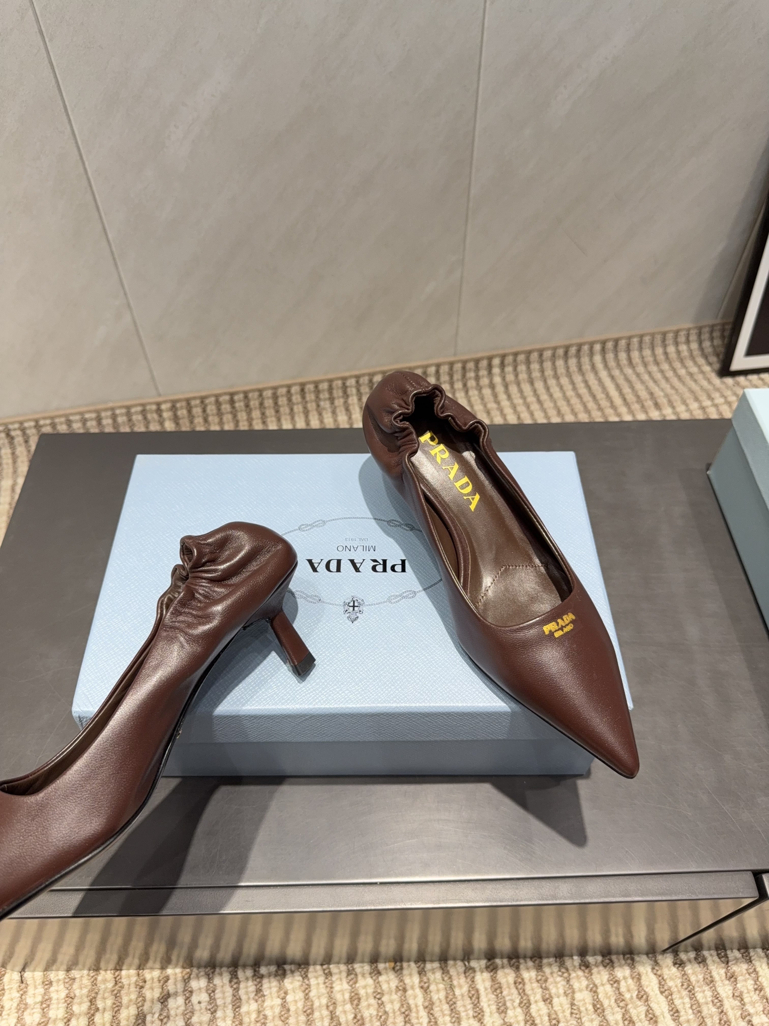 PRADA 26S POINTED TOE PUMPS 55MM IN CHOCOLATE BROWN SHEEPSKIN