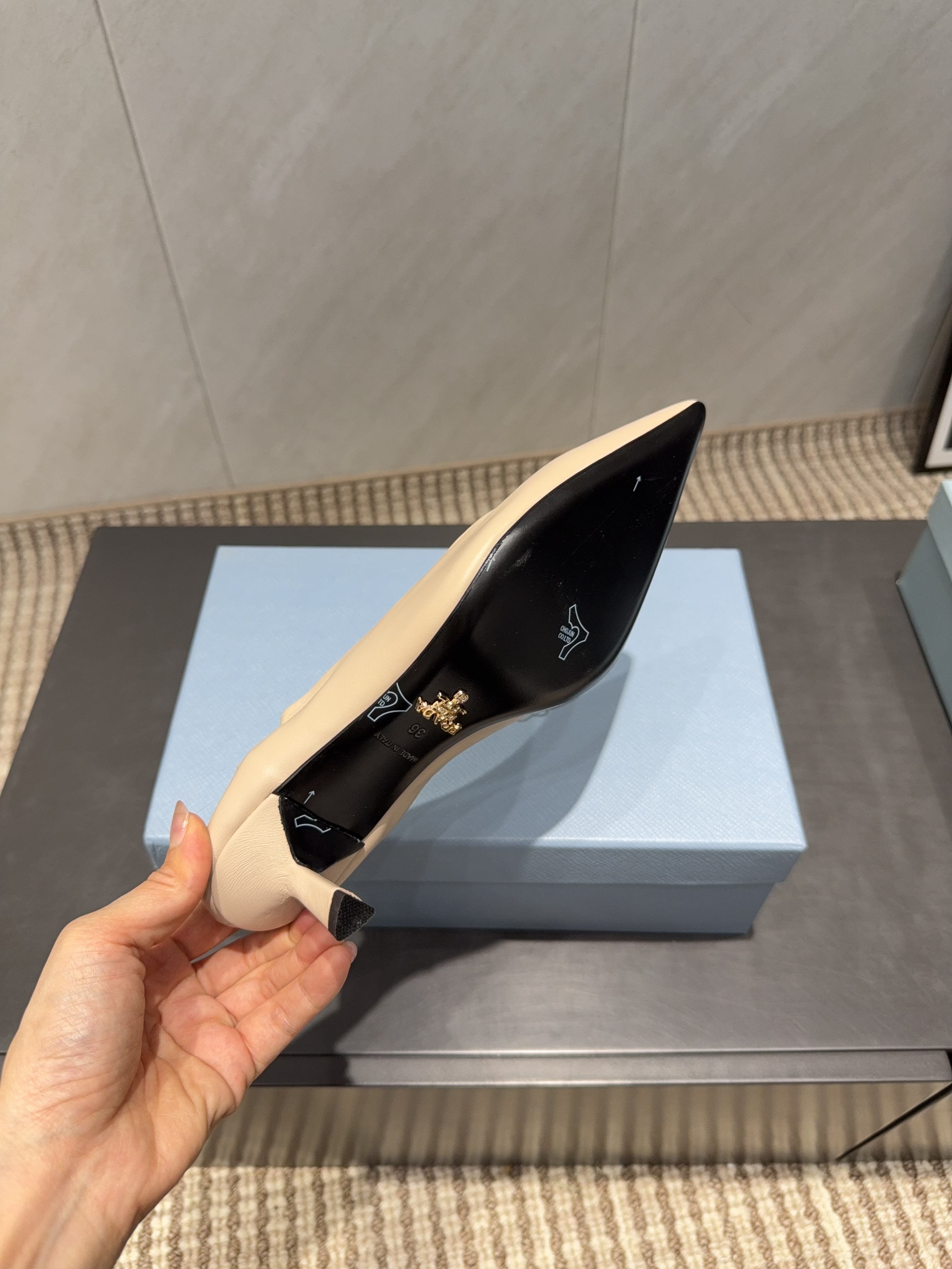 PRADA 26S POINTED TOE PUMPS 55MM IN NUDE SHEEPSKIN