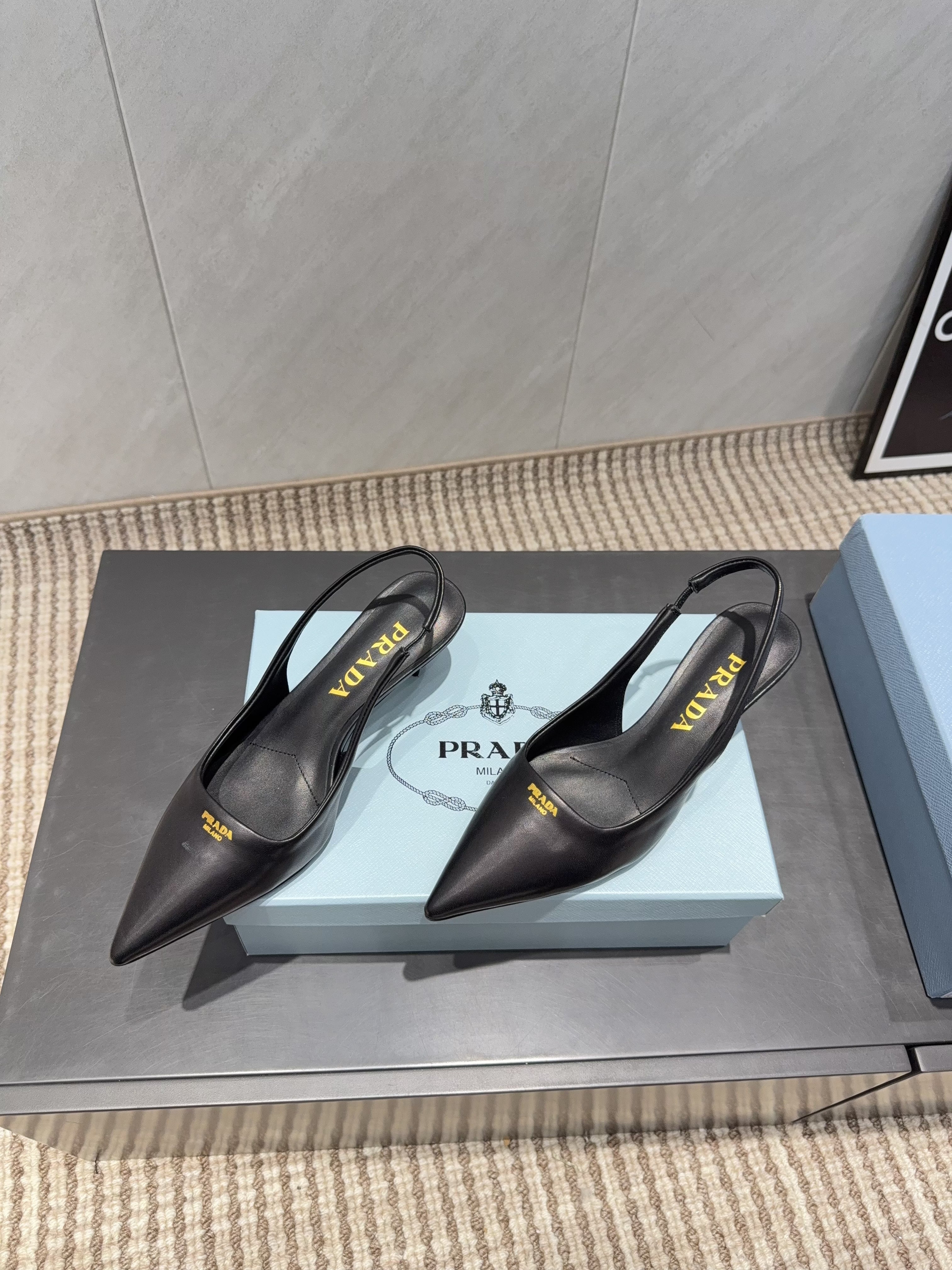 PRADA 26S POINTED TOE SLINGBACK HIGH HEELS 55MM IN BLACK SHEEPSKIN