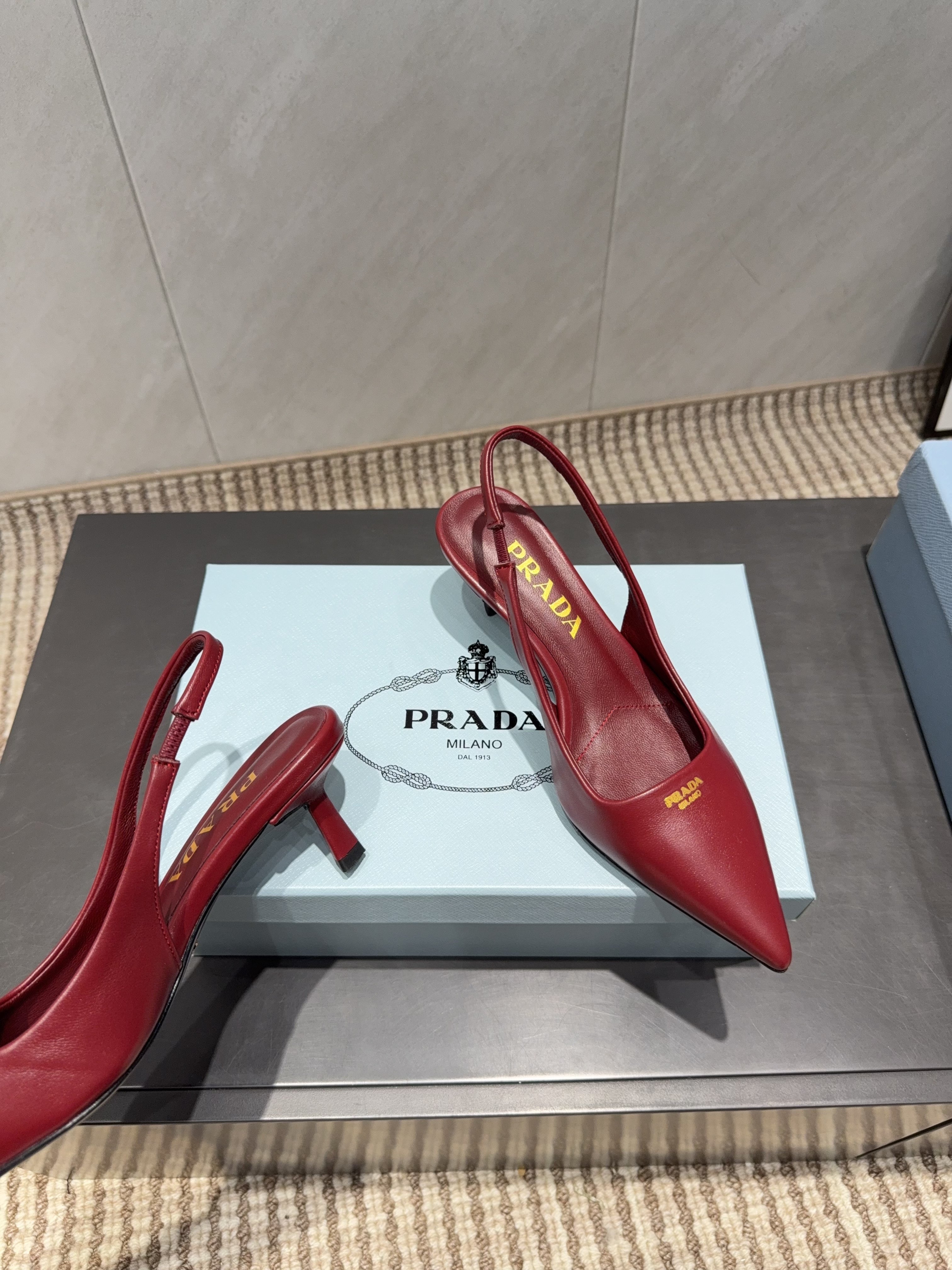 PRADA 26S POINTED TOE SLINGBACK HIGH HEELS 55MM IN DARK RED SHEEPSKIN