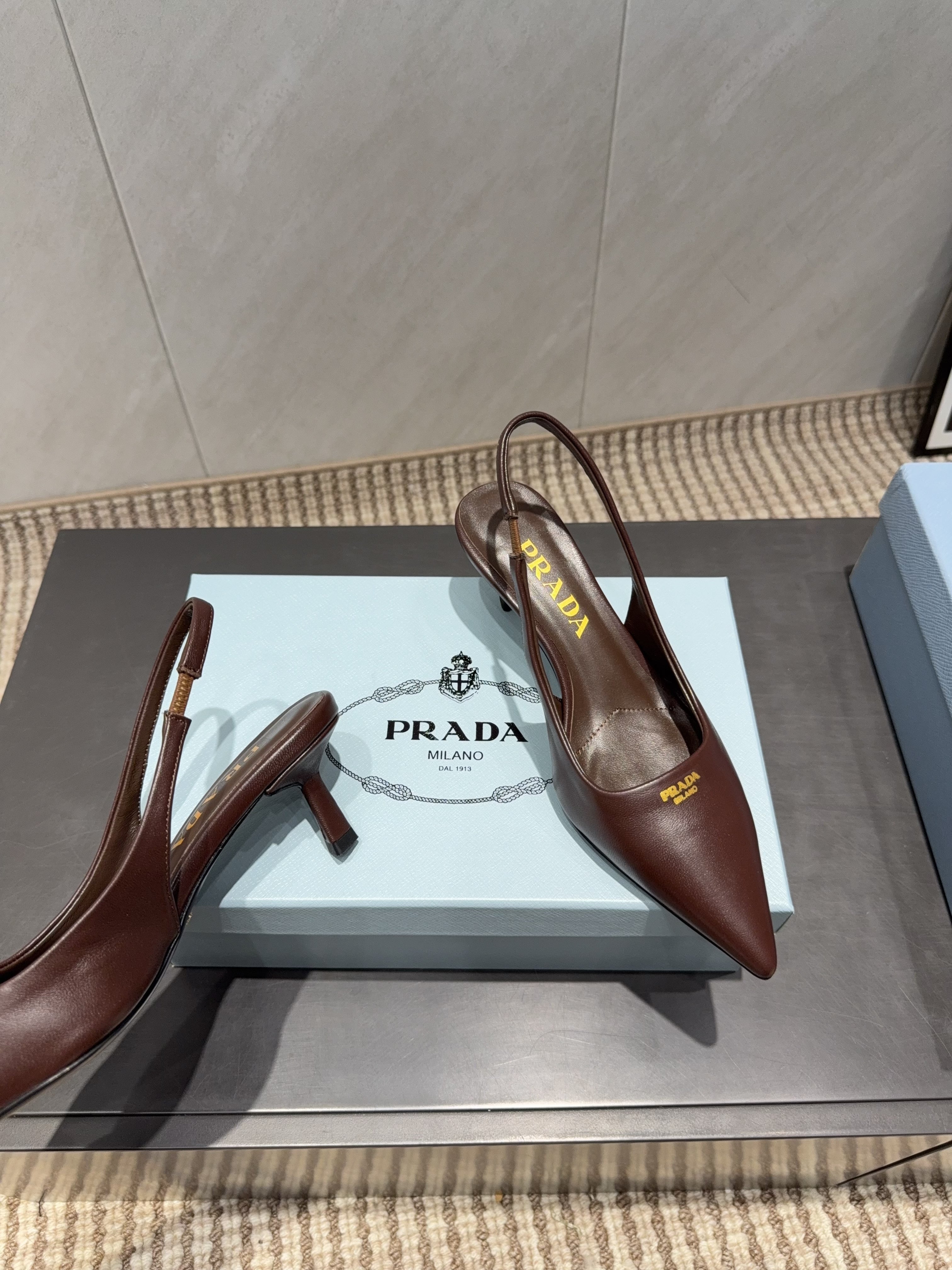 PRADA 26S POINTED TOE SLINGBACK HIGH HEELS 55MM IN DARK BROWN SHEEPSKIN