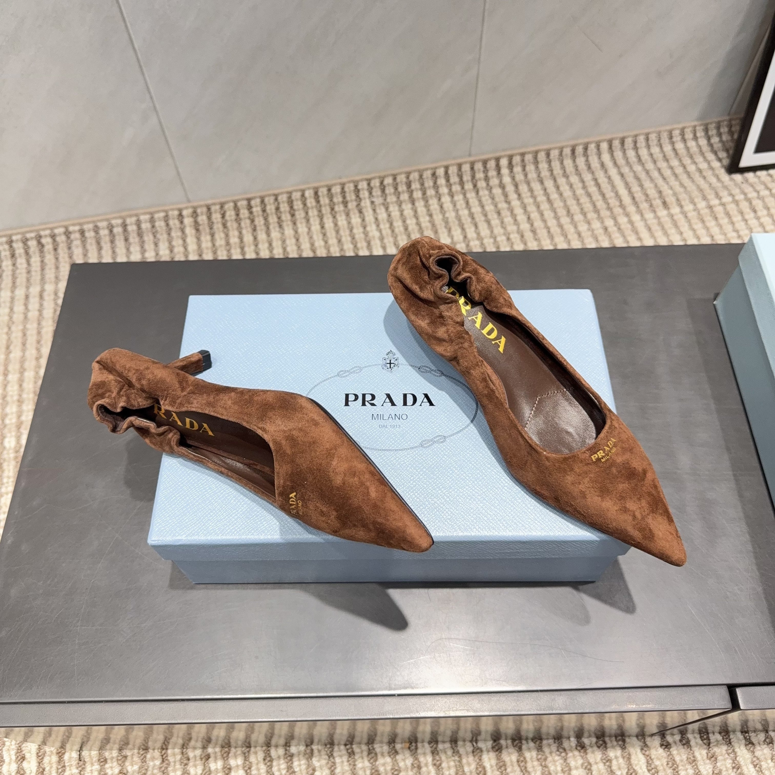 PRADA 26S PUMPS 55MM IN BROWN SUEDE