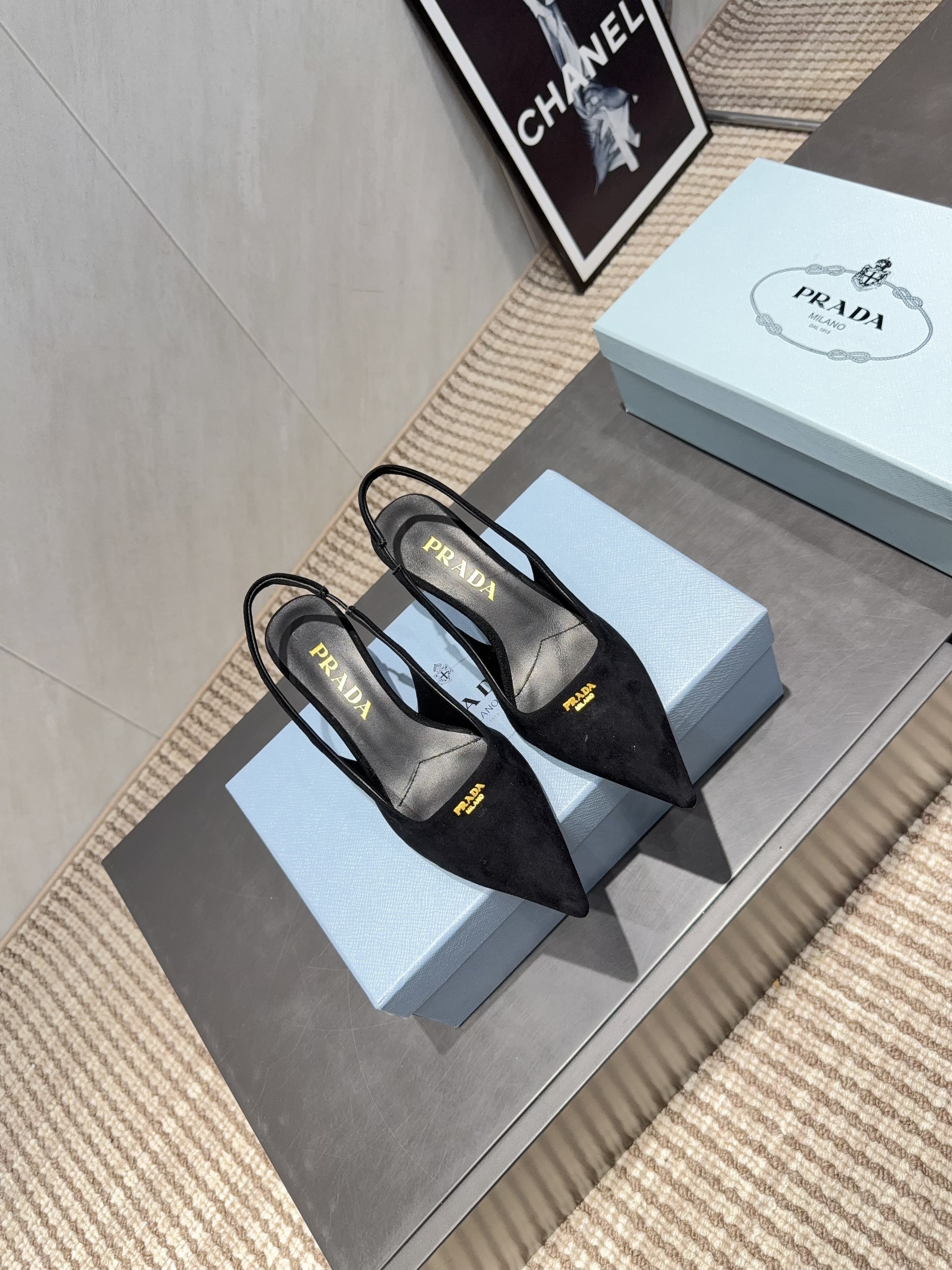 PRADA 26S POINTED TOE SLINGBACK HIGH HEELS 55MM IN BLACK SUEDE