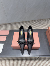MIUMIU 26S POINTED TOE PUMPS 55MM IN BLACK CALFSKIN WITH BOW