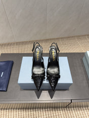 PRADA 26S POINTED TOE SLINGBACK HIGH HEELS 85MM IN BLACK CALFSKIN WITH BOW