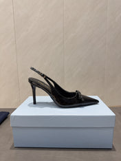 PRADA 26S POINTED TOE SLINGBACK HIGH HEELS 85MM IN BLACK CALFSKIN WITH BOW
