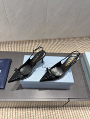 PRADA 26S POINTED TOE SLINGBACK HIGH HEELS 85MM IN BLACK CALFSKIN WITH BOW