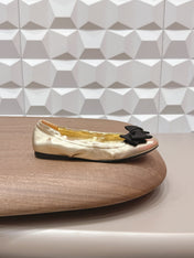 PRADA 26S ROUND TOE FLATS WITH BOW IN GOLD CALFSKIN