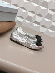 PRADA 26S ROUND TOE FLATS WITH BOW IN SILVER CALFSKIN