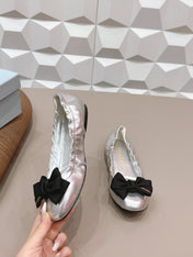 PRADA 26S ROUND TOE FLATS WITH BOW IN SILVER CALFSKIN
