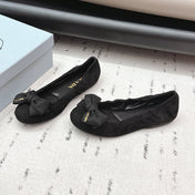 PRADA 26S ROUND TOE FLATS WITH BOW IN BLACK SUEDE