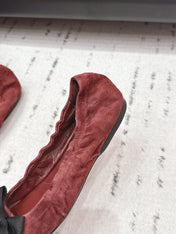 PRADA 26S ROUND TOE FLATS WITH BOW IN DARK RED SUEDE