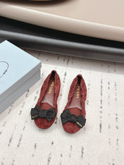 PRADA 26S ROUND TOE FLATS WITH BOW IN DARK RED SUEDE
