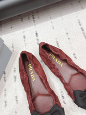 PRADA 26S ROUND TOE FLATS WITH BOW IN DARK RED SUEDE