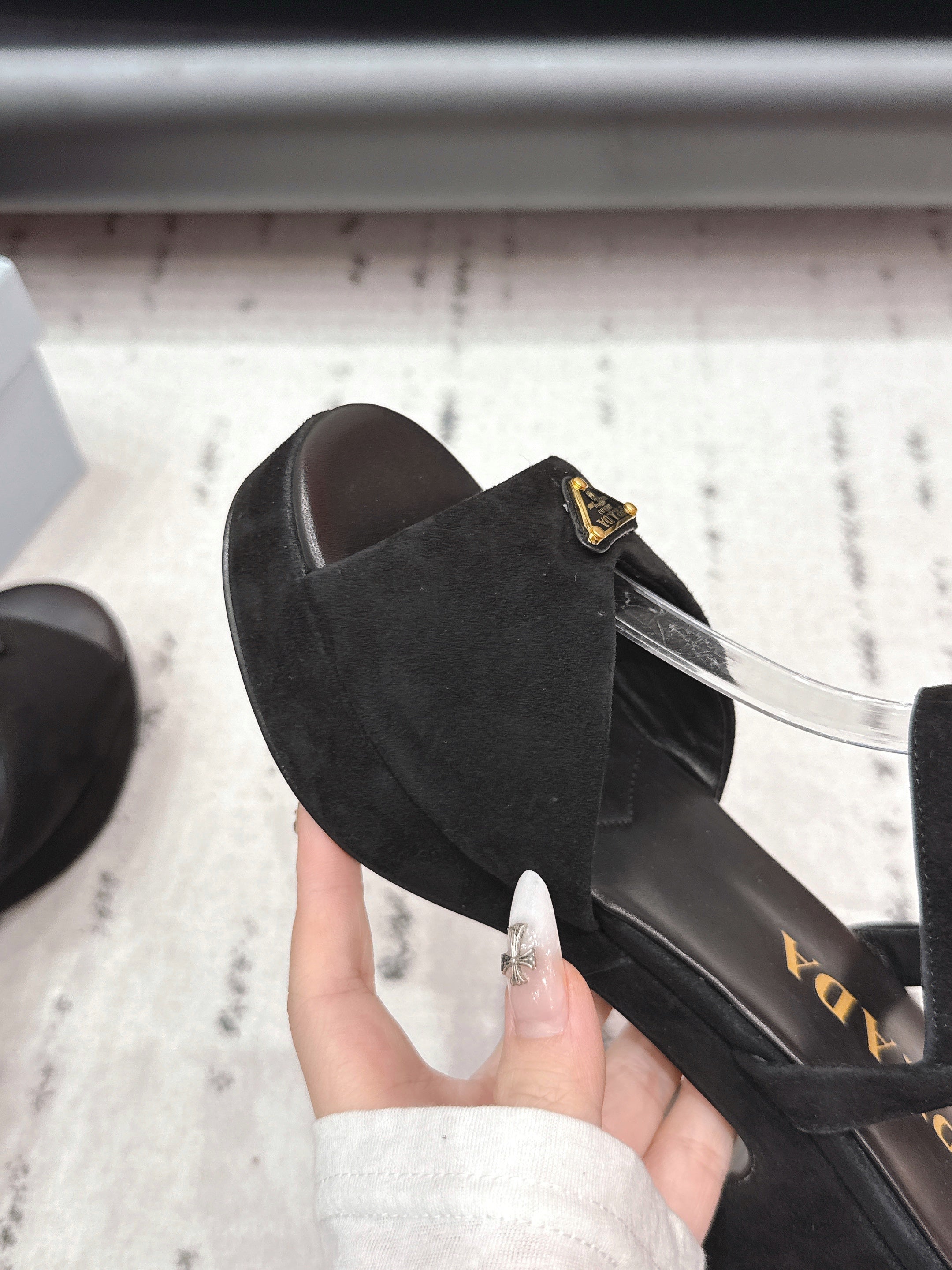 PRADA 26S HEELED SANDALS 75MM IN BLACK SUEDE WITH LOGO