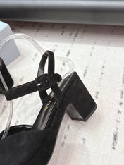PRADA 26S HEELED SANDALS 75MM IN BLACK SUEDE WITH LOGO
