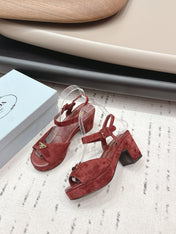 PRADA 26S HEELED SANDALS 75MM IN DARK RED SUEDE WITH LOGO