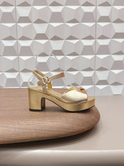 PRADA 26S HEELED SANDALS 75MM IN GOLD CALFSKIN WITH LOGO