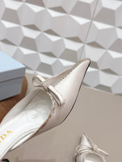 PRADA 26S POINTED TOE LACE TRIM MULES 55MM IN CREAM WHITE CALFSKIN WITH BOW