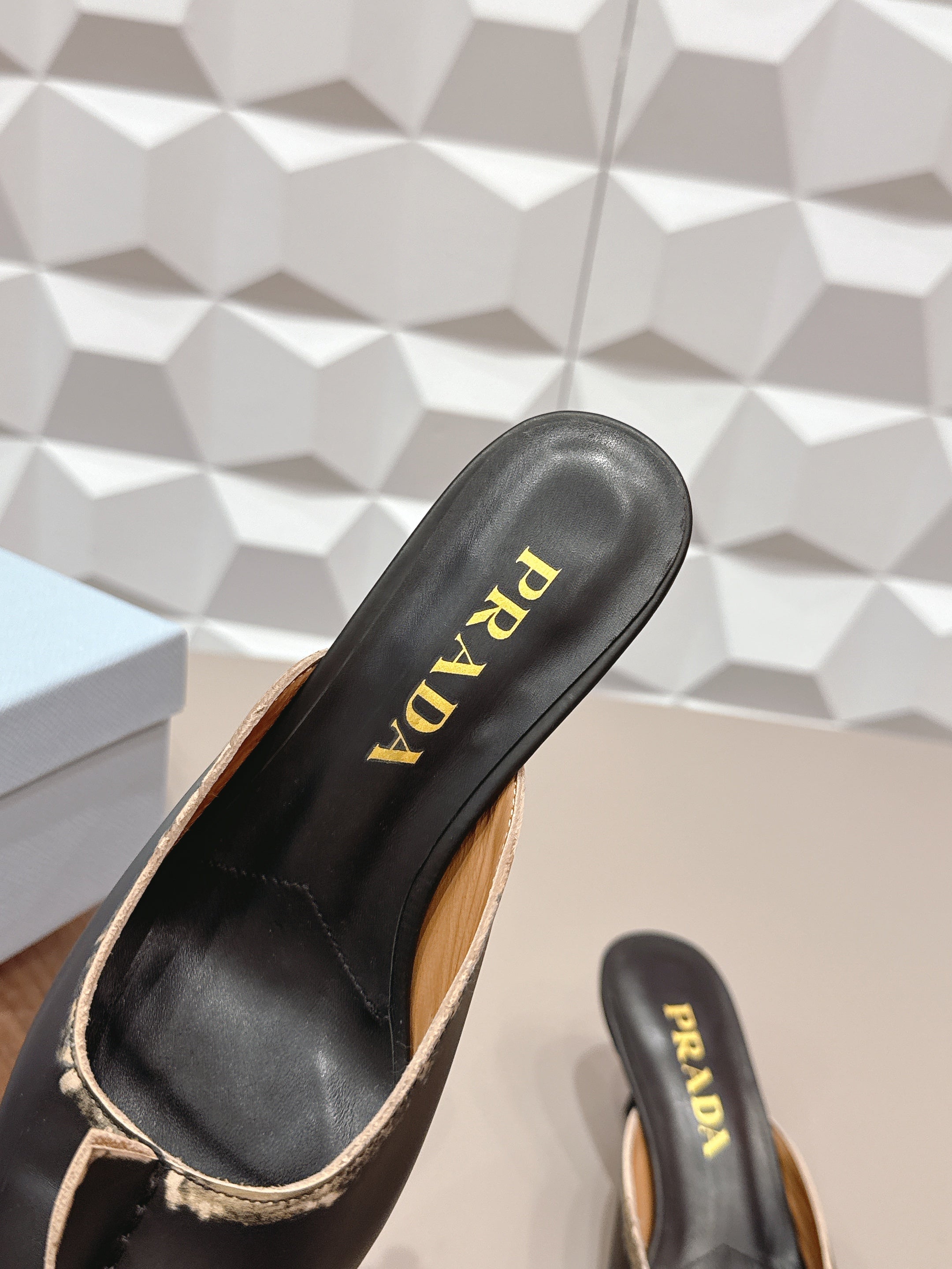 PRADA 26S POINTED TOE LACE TRIM MULES 55MM IN BLACK CALFSKIN