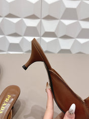 PRADA 26S POINTED TOE LACE TRIM MULES 55MM IN CARAMEL BROWN CALFSKIN