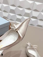 PRADA 26S POINTED TOE SLINGBACK HIGH HEELS 55MM IN CREAM WHITE CALFSKIN WITH BOW