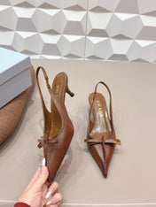 PRADA 26S POINTED TOE SLINGBACK HIGH HEELS 55MM IN BROWN CALFSKIN WITH BOW