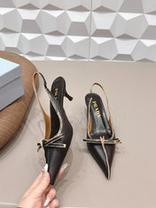 PRADA 26S POINTED TOE SLINGBACK HIGH HEELS 55MM IN BLACK CALFSKIN WITH BOW