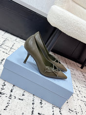 PRADA 26S POINTED-TOE HIGH HEELS 75MM IN OLIVE BROWN CALFSKIN