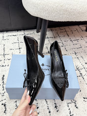 PRADA 26S POINTED-TOE HIGH HEELS 75MM IN BLACK PATENT CALFSKIN