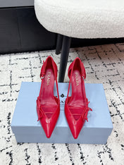 PRADA 26S POINTED-TOE HIGH HEELS 75MM IN DARK RED PATENT CALFSKIN WITH BOW