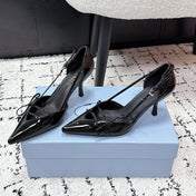 PRADA 26S POINTED-TOE HIGH HEELS 75MM IN BLACK PATENT CALFSKIN WITH BOW