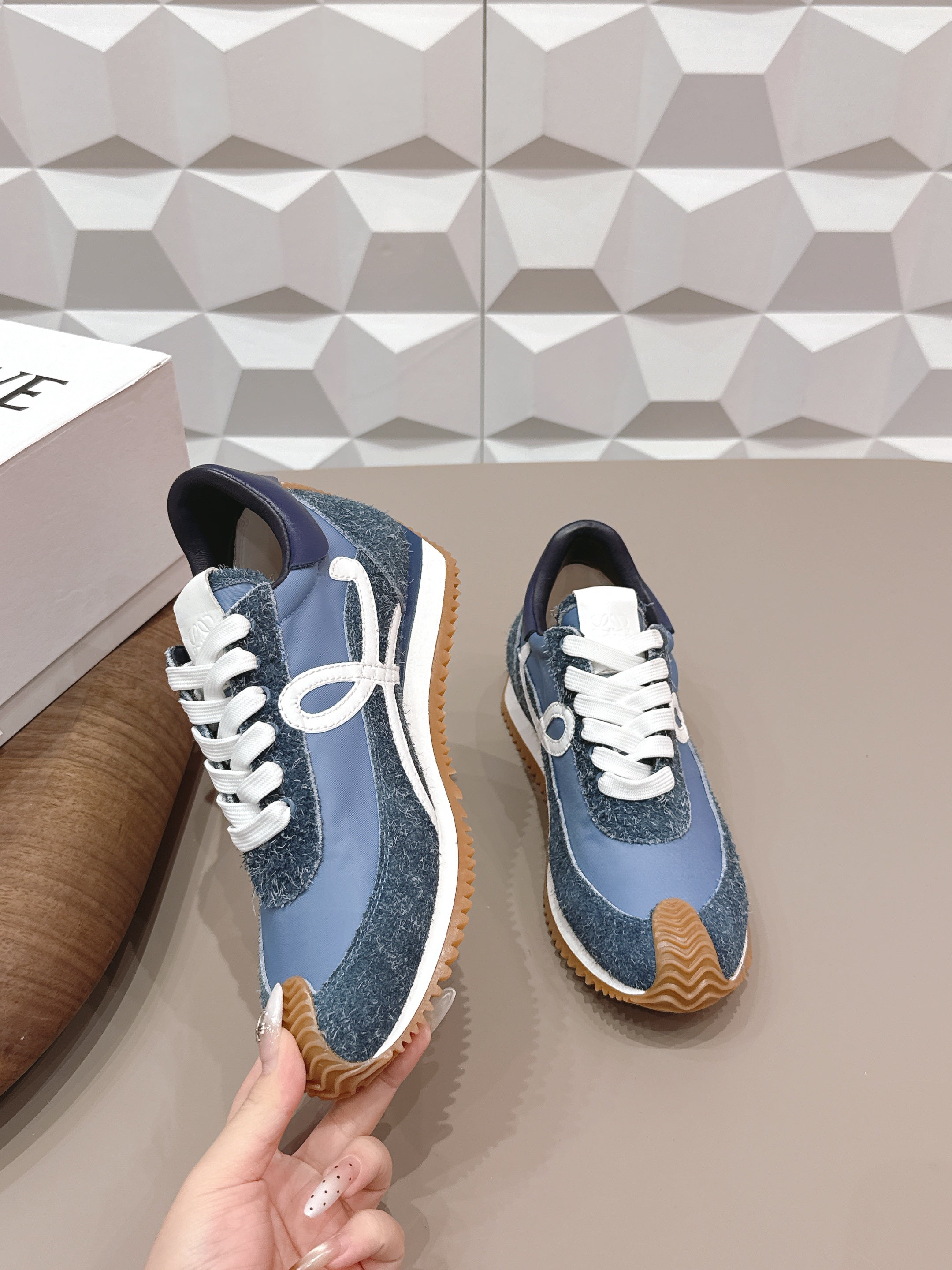 LOEWE 26S FLOW RUNNER SNEAKER IN SLATE BLUE SUEDE AND NAVY BLUE CALFSKIN