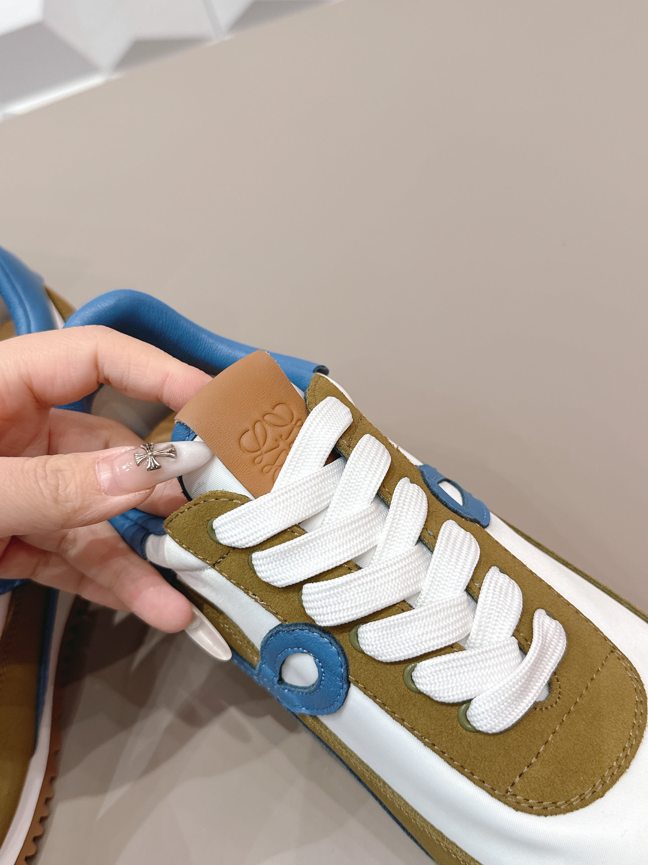 LOEWE 26S FLOW RUNNER SNEAKER IN OLIVE BROWN AND WHITE SUEDE AND BLUE CALFSKIN