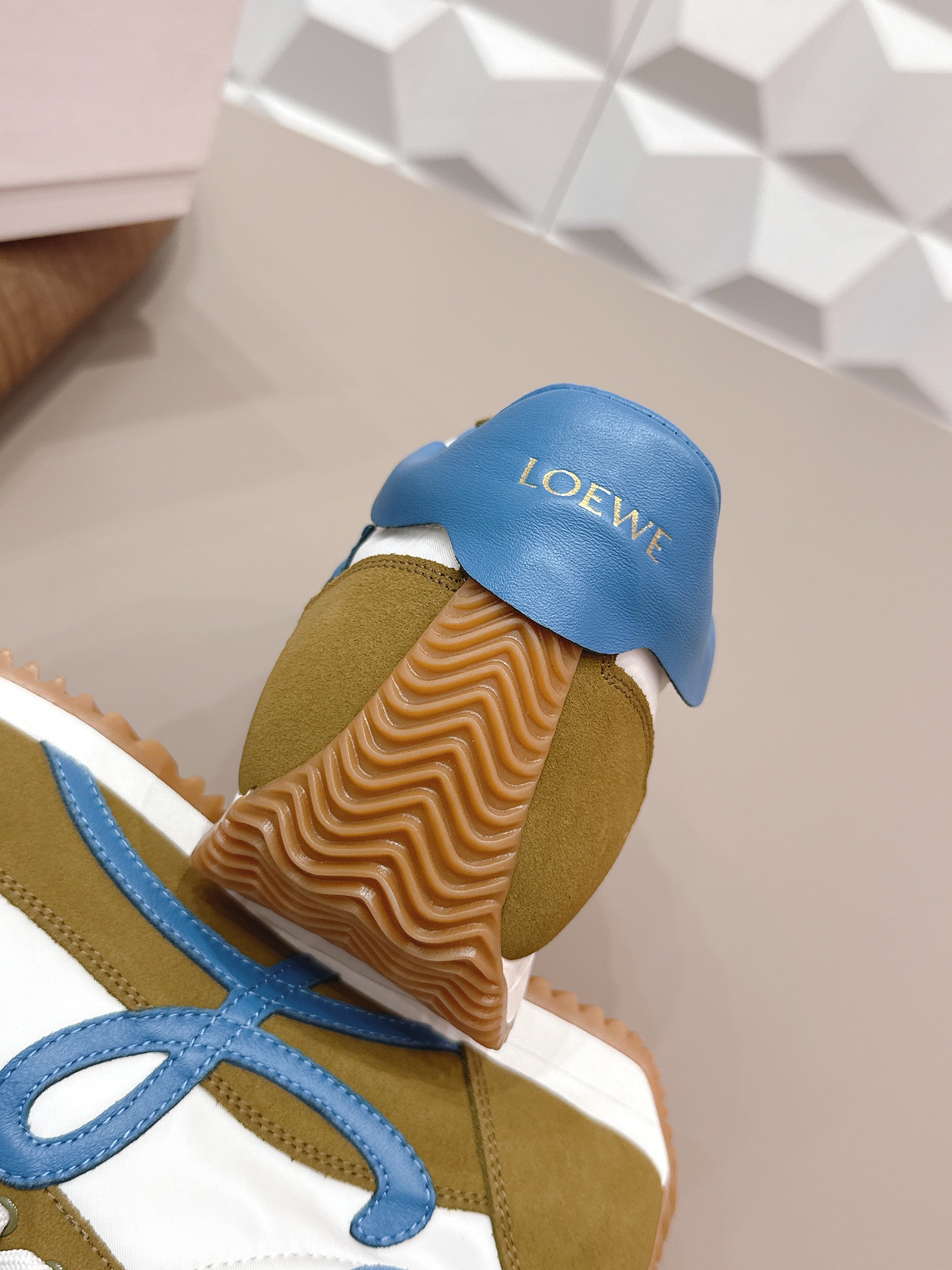 LOEWE 26S FLOW RUNNER SNEAKER IN OLIVE BROWN AND WHITE SUEDE AND BLUE CALFSKIN