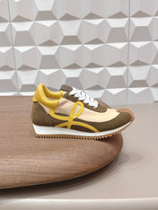 LOEWE 26S FLOW RUNNER SNEAKER IN DARK OLIVE BROWN SUEDE AND YELLOW CALFSKIN